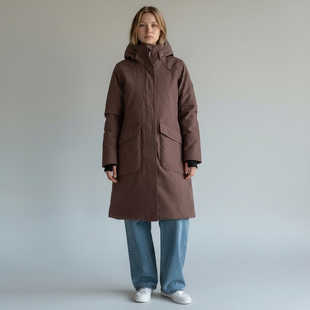 LOLE Women's Long Hooded Insulated Winter Coat - Taupe Brown